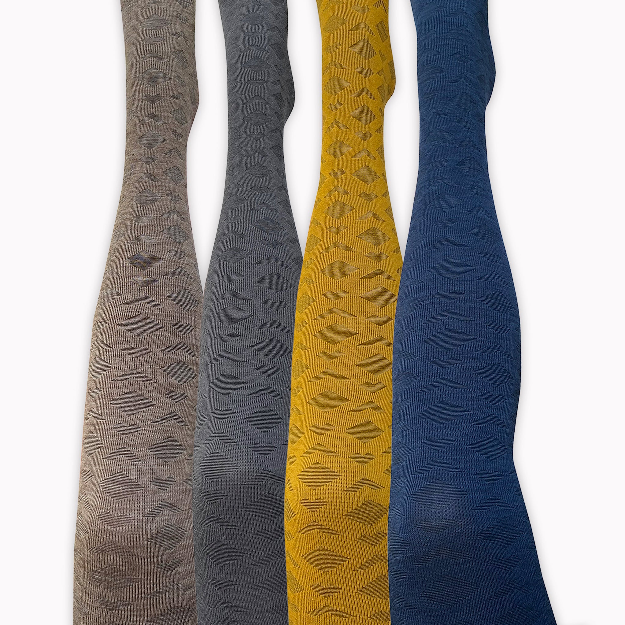 Tightology Merino Wool Deco Tights in Brown, Grey, Mustard and Navy