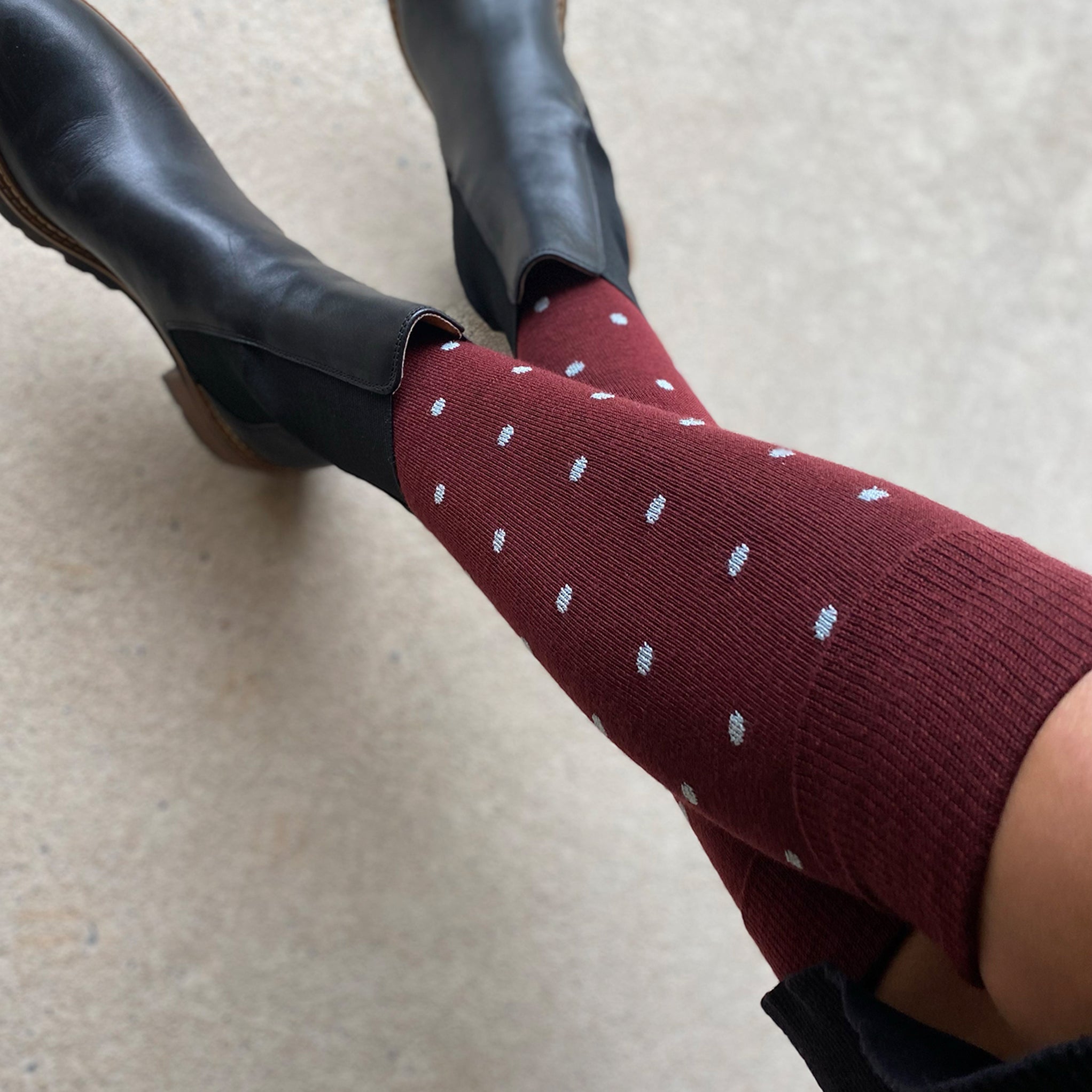 Merino Wool Knee Length Socks - Dotty in Burgundy