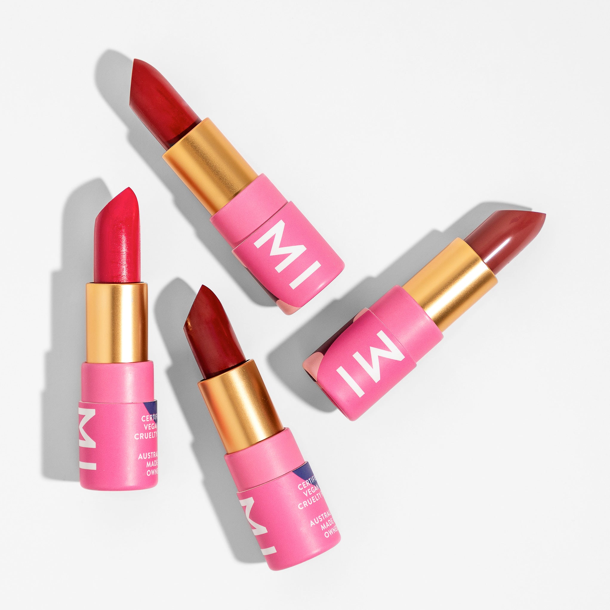 A selection of Hanami lipsticks in reds and pinks.